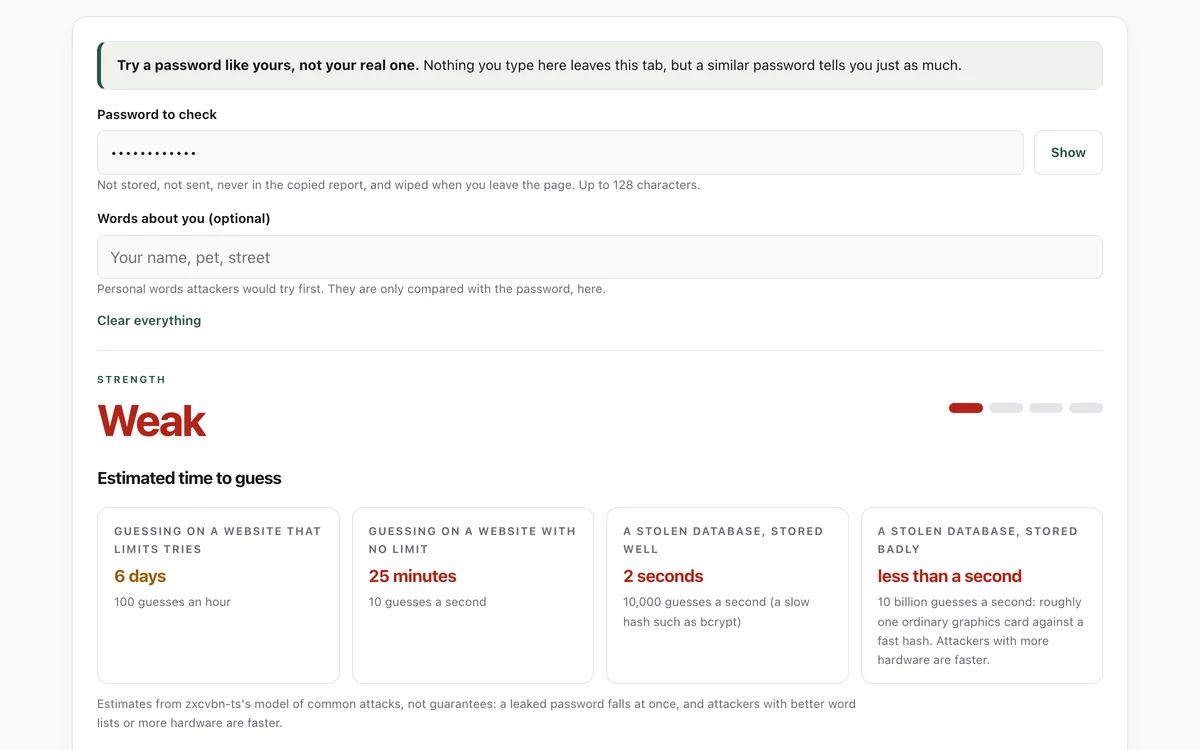 The password strength lab rating an example password as weak, with estimated guessing times from under a second to days and the patterns that give it away