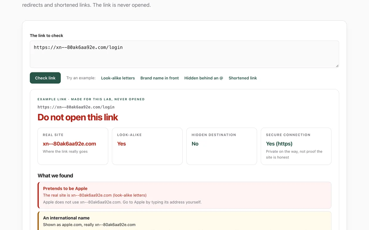 The link check showing that a link which looks like apple.com is really written in Cyrillic letters and goes to a different site