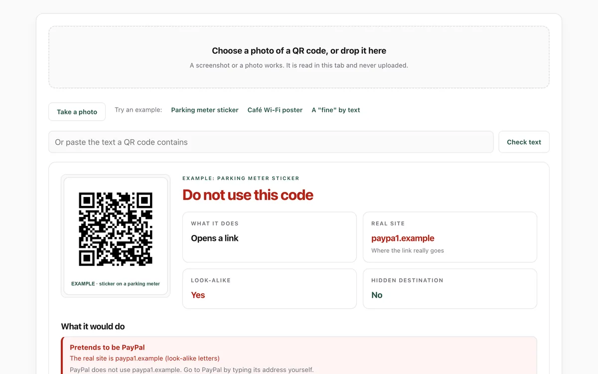 The QR code check showing an example parking meter code that leads to a site pretending to be PayPal